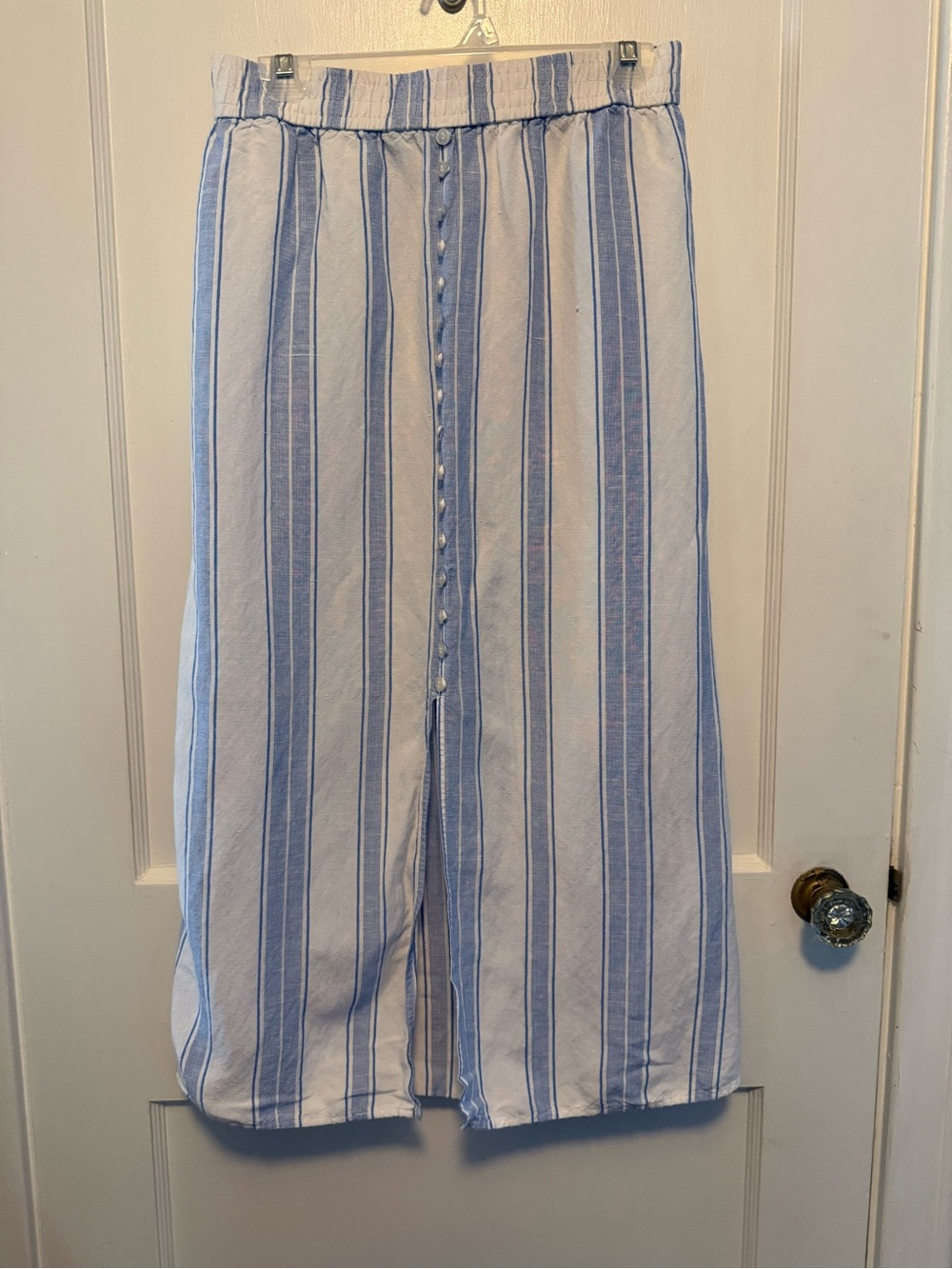 LOFT Blue and White Vertical-Strip Midi Skirt